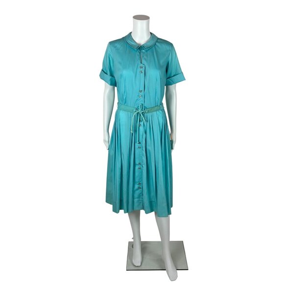 Vintage 50s Shirt Dress Women's M Solid Blue Belted Double Collar Deadstock Day - Picture 1 of 11